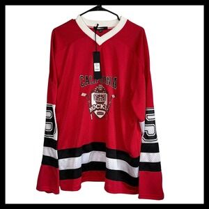 NWT Fashion Nova Men California‎ 95 Hockey Jersey Red White Black Mesh Large NEW